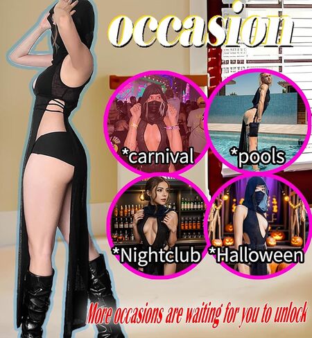 Women Goth Sheer Dress, Mock Neck Sleeveless Rave High Slit Dress with Hooded, EDM Music Festival Outfits in Saudi Arabia