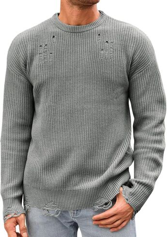 Runcati Mens Crewneck Sweater Pullover Knitted Long Sleeve Casual Ripped Sweaters in Saudi Arabia