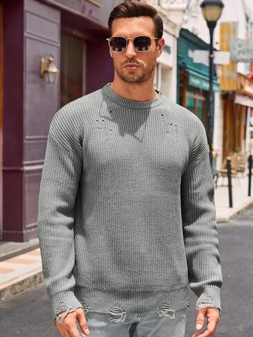Runcati Mens Crewneck Sweater Pullover Knitted Long Sleeve Casual Ripped Sweaters in Saudi Arabia