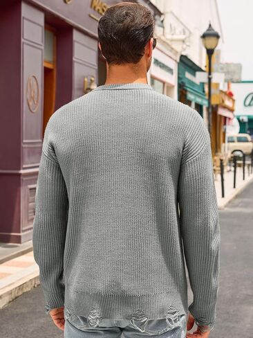 Runcati Mens Crewneck Sweater Pullover Knitted Long Sleeve Casual Ripped Sweaters in Saudi Arabia