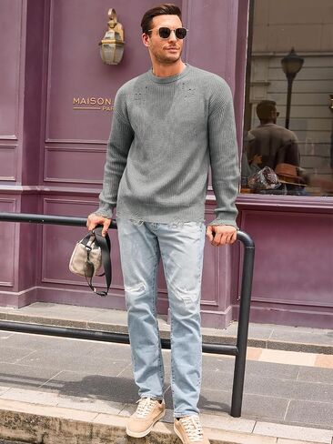 Runcati Mens Crewneck Sweater Pullover Knitted Long Sleeve Casual Ripped Sweaters in Saudi Arabia