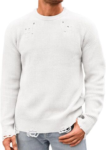 Runcati Mens Crewneck Sweater Pullover Knitted Long Sleeve Casual Ripped Sweaters in Saudi Arabia
