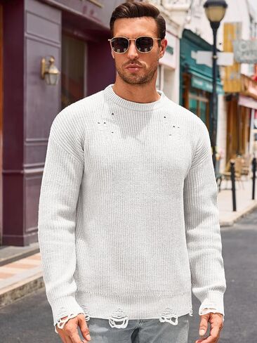 Runcati Mens Crewneck Sweater Pullover Knitted Long Sleeve Casual Ripped Sweaters in Saudi Arabia