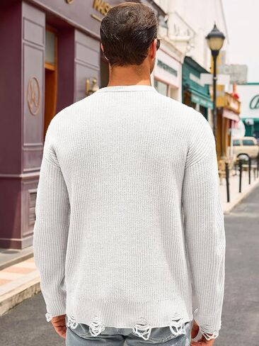 Runcati Mens Crewneck Sweater Pullover Knitted Long Sleeve Casual Ripped Sweaters in Saudi Arabia