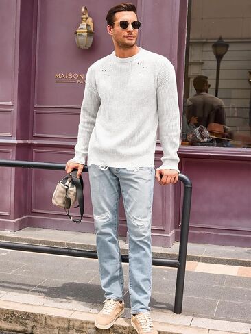 Runcati Mens Crewneck Sweater Pullover Knitted Long Sleeve Casual Ripped Sweaters in Saudi Arabia