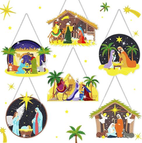 Chiisong 6 قطع عيد الميلاد مشهد المهد الماس اللوحة شنقا الحلي المهد الماس الفن اللوحة مجموعات المسيحية الماس اللوحة شنقا الحلي DIY عيد الميلاد عطلة حزب الديكور هدية in Saudi Arabia