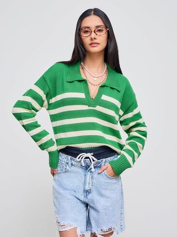 CIDER Polo Sweaters for Women Striped Collar Knit Fall Sweaters 2024 in Kuwait