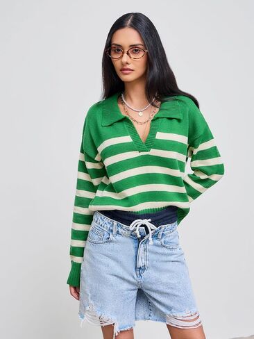 CIDER Polo Sweaters for Women Striped Collar Knit Fall Sweaters 2024 in Kuwait
