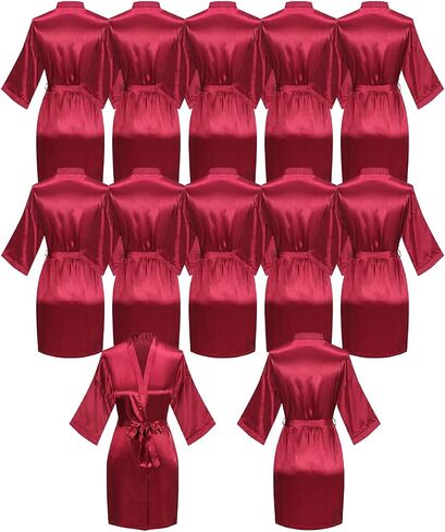 12 Pcs Silky Satin Kimono Robes Bride Bridesmaid Bathrobe for Women Short Sleepwear for Wedding Birthday Party in Kuwait