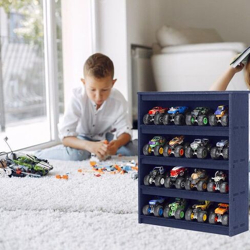 Felt Monster Trucks Display Case, Wall-Mounted Display Case Fit for Monster Trucks, 16 Slots Monster Trucks Storage Case, Groove Fixation Toy Truck Container Holder (Black- New Version) in Kuwait