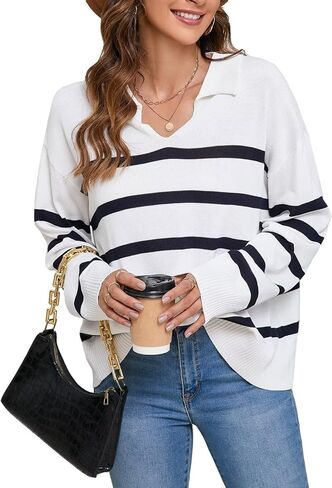 Women's Fall Sweater 2024 Fashion Knit Striped Pullover Sweaters Casual Long Sleeve Drop Shoulder Knitted Tops. in Saudi Arabia