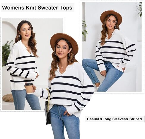 Women's Fall Sweater 2024 Fashion Knit Striped Pullover Sweaters Casual Long Sleeve Drop Shoulder Knitted Tops. in Saudi Arabia