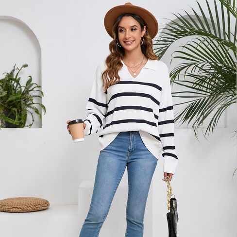 Women's Fall Sweater 2024 Fashion Knit Striped Pullover Sweaters Casual Long Sleeve Drop Shoulder Knitted Tops. in Saudi Arabia