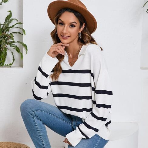 Women's Fall Sweater 2024 Fashion Knit Striped Pullover Sweaters Casual Long Sleeve Drop Shoulder Knitted Tops. in Saudi Arabia