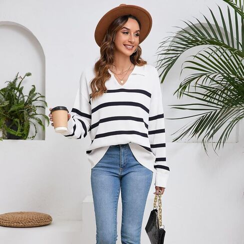 Women's Fall Sweater 2024 Fashion Knit Striped Pullover Sweaters Casual Long Sleeve Drop Shoulder Knitted Tops. in Saudi Arabia