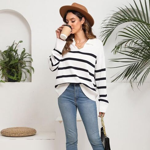 Women's Fall Sweater 2024 Fashion Knit Striped Pullover Sweaters Casual Long Sleeve Drop Shoulder Knitted Tops. in Saudi Arabia