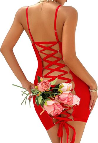 Lilosy Sexy Crisscross Backless Underwire Mesh Sheer Lingerie Mini Dress in Saudi Arabia