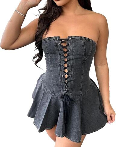 Sexy Tube Denim Dress Corset Strapless Ruffled Hem Jean Mini Dress in Kuwait