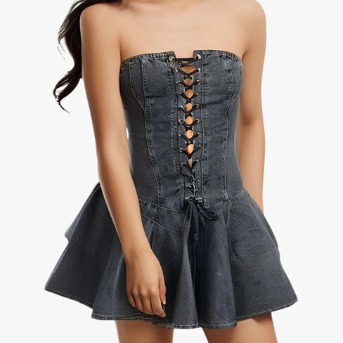 Sexy Tube Denim Dress Corset Strapless Ruffled Hem Jean Mini Dress in Kuwait