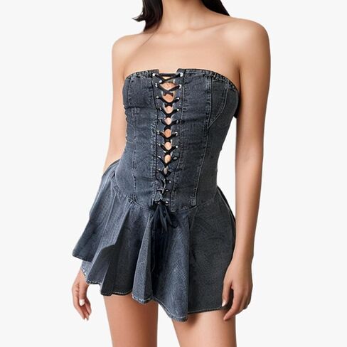 Sexy Tube Denim Dress Corset Strapless Ruffled Hem Jean Mini Dress in Kuwait