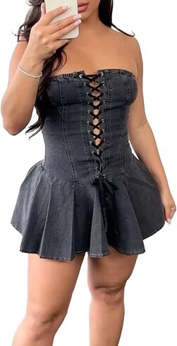 Sexy Tube Denim Dress Corset Strapless Ruffled Hem Jean Mini Dress in Kuwait