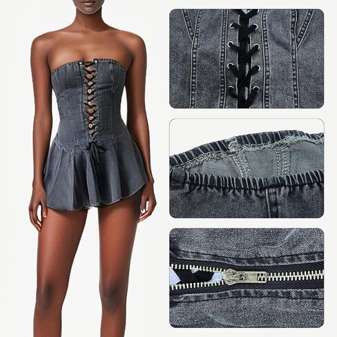 Sexy Tube Denim Dress Corset Strapless Ruffled Hem Jean Mini Dress in Kuwait