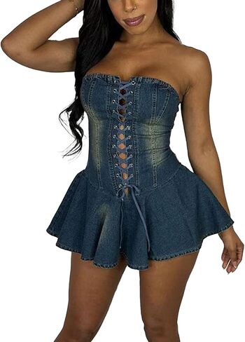Sexy Tube Denim Dress Corset Strapless Ruffled Hem Jean Mini Dress in Kuwait
