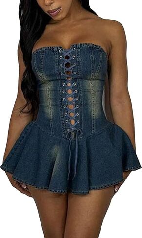 Sexy Tube Denim Dress Corset Strapless Ruffled Hem Jean Mini Dress in Kuwait