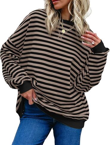 AlvaQ Womens Oversized Sweatshirt 2024 Casual Crewneck Long Sleeve Colorblock Striped Pullover Tunic Tops Outfits in Saudi Arabia