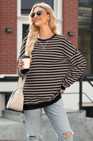 AlvaQ Womens Oversized Sweatshirt 2024 Casual Crewneck Long Sleeve Colorblock Striped Pullover Tunic Tops Outfits in Saudi Arabia