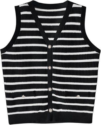 Verdusa Women's Sweater Vest Old Money Trendy Tops Striped Print Button Front Sleeveless Knit Sweaters in Saudi Arabia