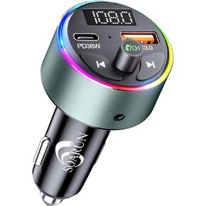Bluetooth 5.3 FM Transmitter Car Adapter - SOARUN Fast Car Charger 54W [PD 36W & QC3.0 18W], Wireless FM Radio Transmitter, 9 Colors LED Backlit, Hands-Free Calling