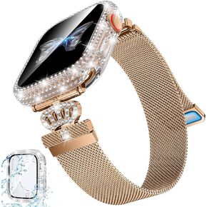 Goton Magnetic Band with Bling Case for Apple Watch Bands 40mm 41mm 44mm 45mm Women, Diamond Dressy Stainless Steel Metal Loop Strap + Waterproof Screen Protector for iWatch Series 9 8 7 SE 6 5 4
