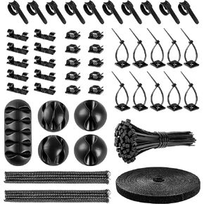 Cord Management Organizer Kit 2 Cable Sleeve Split with 41Self Adhesive Cable Clips Holder, 10pcs and 2 Roll Self Adhesive tie and 100 Fastening Cable Ties for TV Office Home Electronics etc