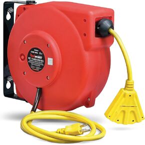 ReelWorks Retractable Extension Cord Reel Polypropylene 12AWG x 40' Foot Industrial Commercial Grade 3C SJT Cable Triple Tap Connector 15A 125VAC 1875W 60Hz Current Interrupter Best for Indoor Use