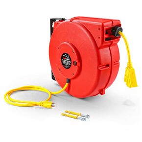 ReelWorks Extension Cord Reel Retractable 12AWG x 65' Foot 3C/SJT Heavy Duty Commercial Cable Triple Tap Connector Power 15A 125VAC 1875W