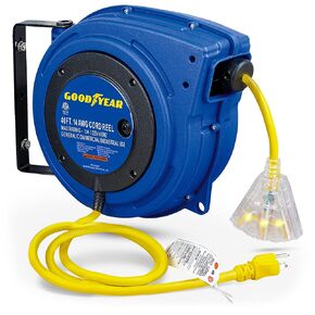 GOODYEAR Extension Cord Reel Extra Long 40 ft 14AWG 3C SJTOW, Triple Tap Connector, Heavy Duty, Slow Retraction Stop At Any Point