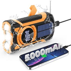 Emergency Radio Hand Crank Solar 5000mAh Bluetooth Speaker, IP65 Waterproof Dustproof Portable AM/FM/NOAA Weather Radio with Flashlight, Phone Charger, SOS, Headphone Jack, for Camping Home Outdoor