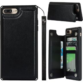 ShunJieTech for iPhone 7 Plus Case,for iPhone 8 Plus Case,[ Credit Card Holder & Slot Wallet Case ] Back Shell Leather Cover Shockproof Protective Case with Strap(5.5")-Black