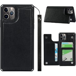 for iPhone 11 Pro Max Case,for iPhone 11promax Case,[ Credit Card Holder & Slot Wallet Case ] Back Shell Leather Cover Shockproof Protective Case with Strap(6.5")-Black