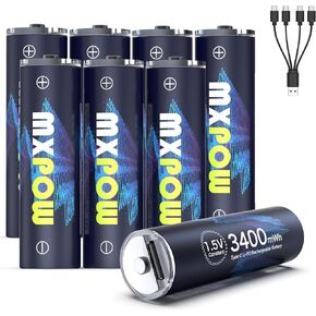 MXPOW AA Rechargeable Batteries 1.5V 3400mWh High Capacity,Rechargeable AA Batteries Lithum USB C Port 8-Pack 1500 Cycle with Cable