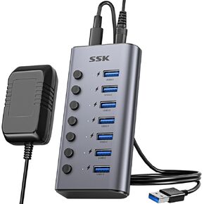 محور USB 3.0 يعمل بـ 7 منافذ SSK، موزع تمديد USB من الألومنيوم مع مفاتيح طاقة فردية ومصابيح LED، مركز شحن بيانات USB Thunderbolt 3/4 بسرعة 5 جيجابت في الثانية مع محول DC12V3A وكابل طويل 3.93 قدم/1.2 متر in Kuwait