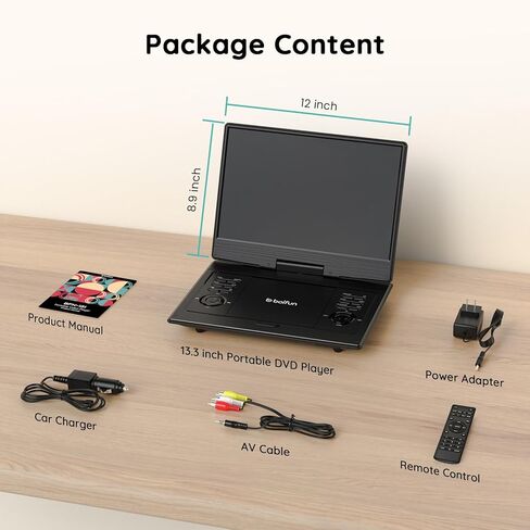 مشغل DVD محمول BOIFUN مقاس 14.8 بوصة مع إضاءة معززة لشاشة HD مقاس 13.3 بوصة، ومدخل HDMI، وزاوية رؤية واسعة، وبطارية قابلة لإعادة الشحن بقدرة 4000 مللي أمبير في الساعة، وتلفزيون USB/SD/مزامنة وأشكال أقراص متعددة، حجم كبير، أسود in Kuwait