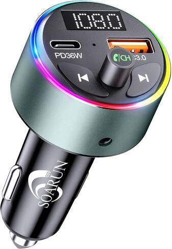 Bluetooth 5.3 FM Transmitter Car Adapter - SOARUN Fast Car Charger 54W [PD 36W & QC3.0 18W], Wireless FM Radio Transmitter, 9 Colors LED Backlit, Hands-Free Calling in Saudi Arabia