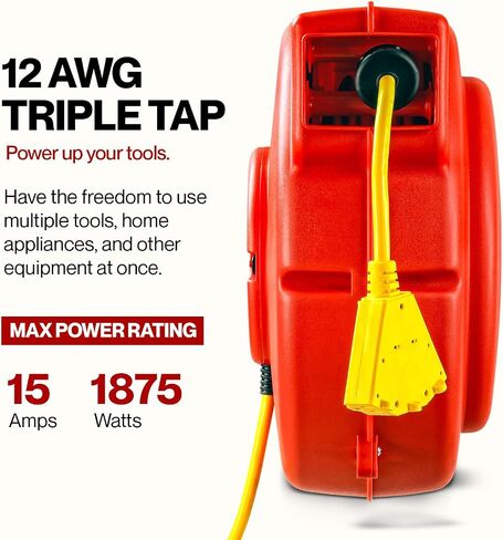 ReelWorks Extension Cord Reel Retractable 12AWG x 65' Foot 3C/SJT Heavy Duty Commercial Cable Triple Tap Connector Power 15A 125VAC 1875W in Saudi Arabia