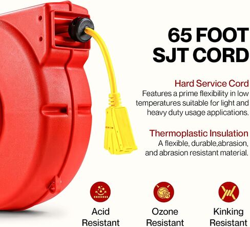 ReelWorks Extension Cord Reel Retractable 12AWG x 65' Foot 3C/SJT Heavy Duty Commercial Cable Triple Tap Connector Power 15A 125VAC 1875W in Saudi Arabia