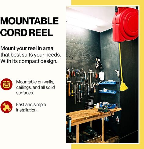 ReelWorks Extension Cord Reel Retractable 12AWG x 65' Foot 3C/SJT Heavy Duty Commercial Cable Triple Tap Connector Power 15A 125VAC 1875W in Saudi Arabia