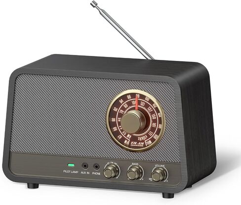 راديو Audiocrazy AM FM راديو قديم على الطاولة مع مكبر صوت بلوتوث، قابس راديو بلمسة نهائية خشبية عتيقة في الحائط للمنزل والمكتب ومدخل Aux، ومقبس سماعة الرأس، والتحكم في الجهير in Kuwait