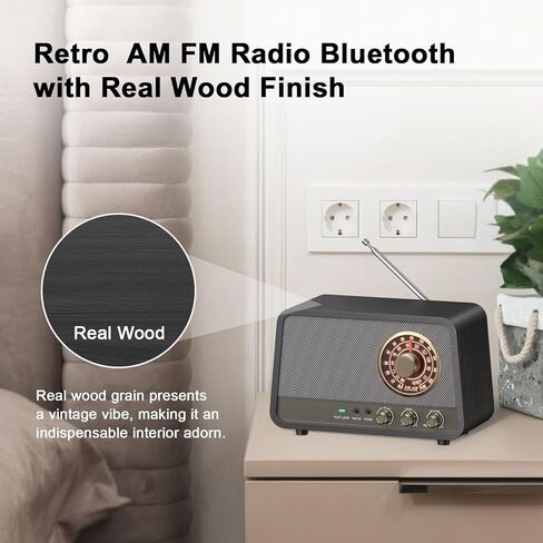 راديو Audiocrazy AM FM راديو قديم على الطاولة مع مكبر صوت بلوتوث، قابس راديو بلمسة نهائية خشبية عتيقة في الحائط للمنزل والمكتب ومدخل Aux، ومقبس سماعة الرأس، والتحكم في الجهير in Kuwait