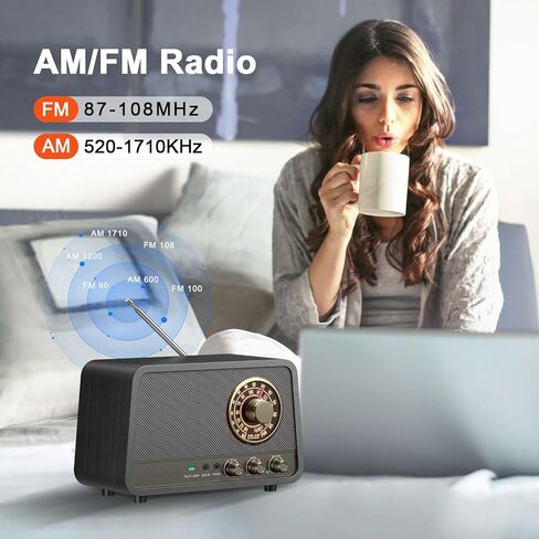 راديو Audiocrazy AM FM راديو قديم على الطاولة مع مكبر صوت بلوتوث، قابس راديو بلمسة نهائية خشبية عتيقة في الحائط للمنزل والمكتب ومدخل Aux، ومقبس سماعة الرأس، والتحكم في الجهير in Kuwait